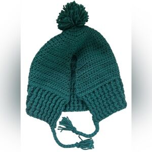 HANDMADE CROCHET WINTER HAT LULU HOOD POM POM EARFLAP GREEN